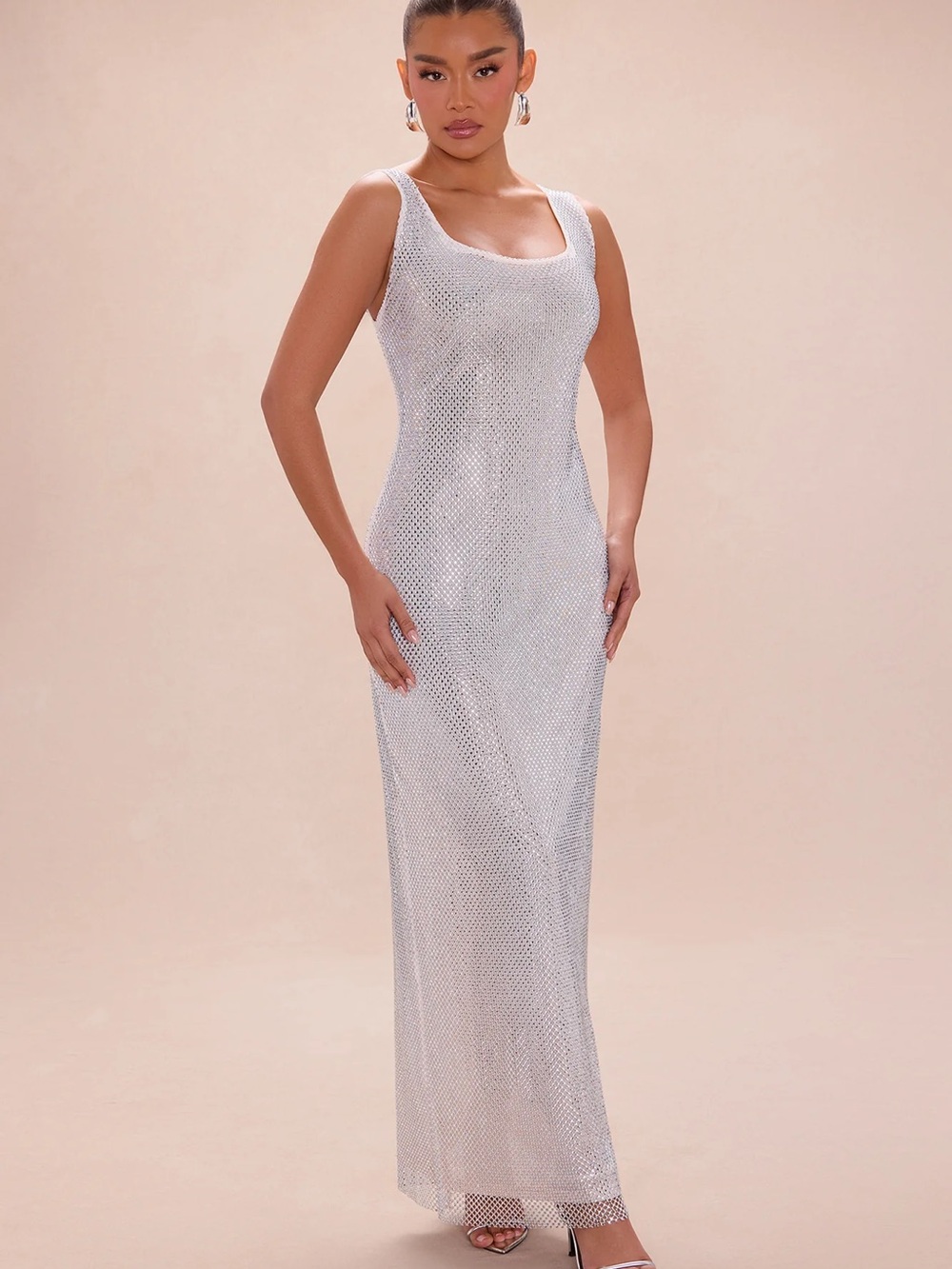 Silver Mesh Scoop Neck Evening Dress